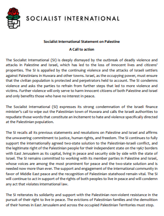 Soc_Intl's tweet photo. Socialist International Statement on Palestine

(EN) https://t.co/7PL6xOboOW
(FR)
https://t.co/LSQHgSnaJR
(ES)
https://t.co/zJfcCpimr8 https://t.co/3RU0e66bQR