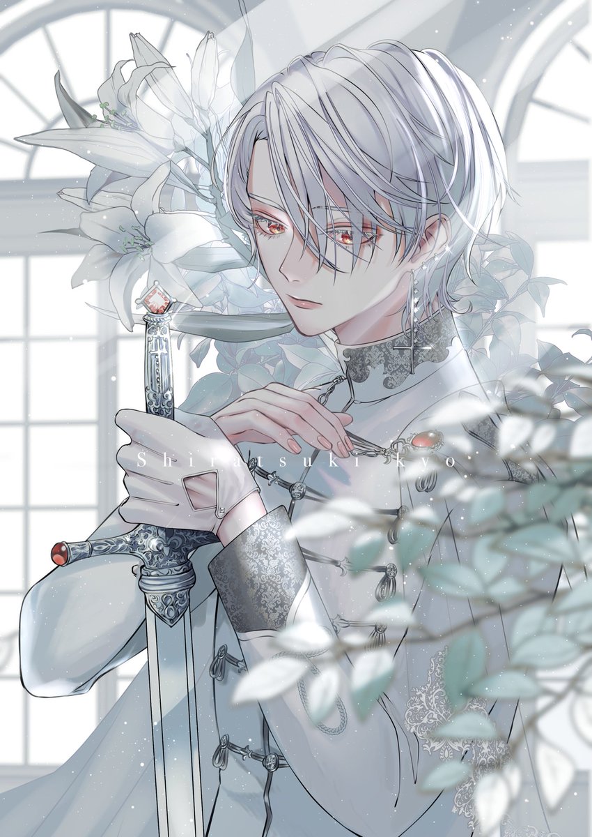 1boy male focus flower solo white hair chinese clothes jewelry  illustration images