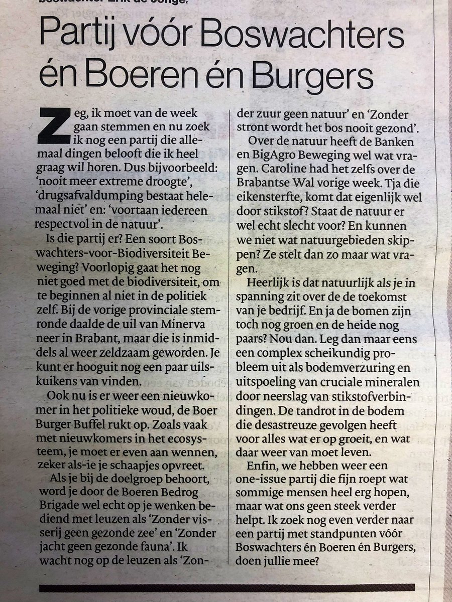 Mijn nieuwe #column ‘Partij vóór Boswachters én Boeren én Burgers’ vandaag in <a href="/BNDeStem/">BN DeStem</a>! #provincialestatenverkiezingen