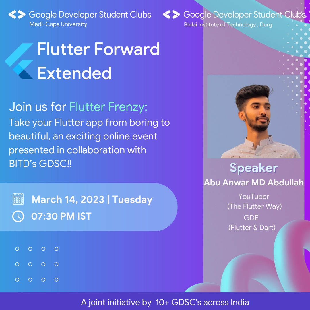 Looking to elevate your app from drab to fab?
Look no further! MUGDSC brings you Flutter Frenzy ! Learn all about beautiful UI, and experience the true power of Flutter!
Event details:
☑ Date: March 14 | Friday, 2023
☑ Time: 7:30 PM IST
☑ RSVP HERE: 🚀gdsc.community.dev/events/details…