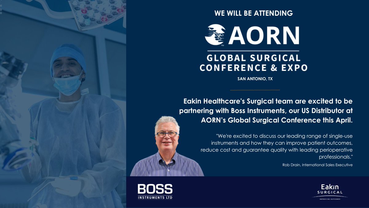 EakinSurgical's tweet photo. We're attending AORN's Global Surgical Conference &amp; Expo next month!

Maria Lea &amp; Rob Drain will be supporting our U.S. partner @BossInstruments in promoting our range of single-use instruments. 

We look forward to working with Boss and attending the event!

#AORNSanAntonio https://t.co/D9rmqte88e