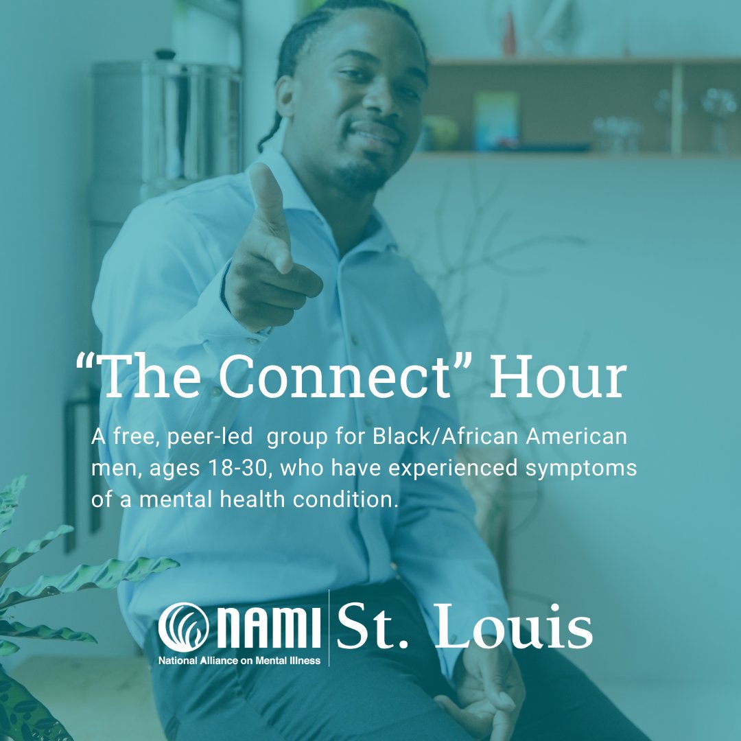 namistl's tweet photo. Join #NAMISTL for “The Connect” hour on the 20th starting at 7pm CDT. This online, peer-led group is for Black/African American men, ages 18-30, who have experienced symptoms of a mental health condition https://t.co/B1Pmrd5842 #TheConnectHour https://t.co/MGA5Ye4jMH
