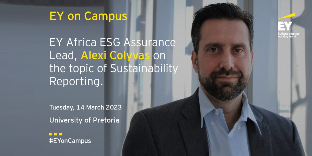 EY_Africa's tweet photo. EY Africa ESG Assurance Lead, Alexi Colyvas will be guest lecturing @UPTuks CTA students on Sustainability Reporting developments. #IamEY #EYonCampus https://t.co/Mtd5mWhidL