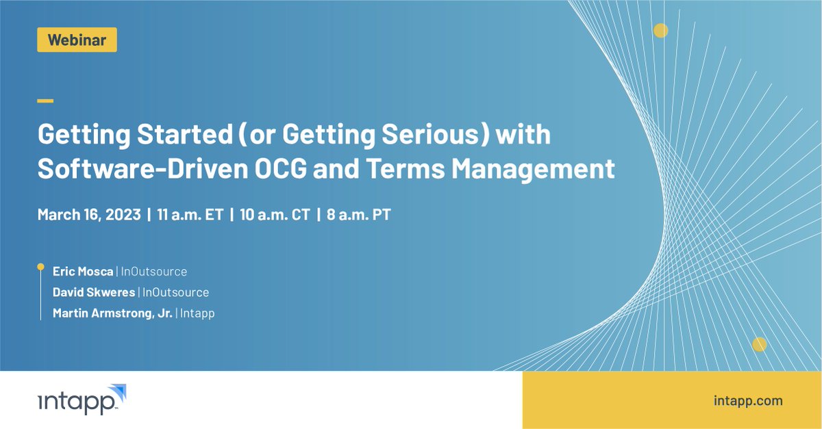 intapp's tweet image. Whether you’ve licensed #IntappTerms or you’re just starting to think about a software investment, this webinar will help you prepare for your organization&apos;s long-term success. Don&apos;t miss your chance to register for this March 16 webinar.  bit.ly/3KD7U0o 

#LegalTech