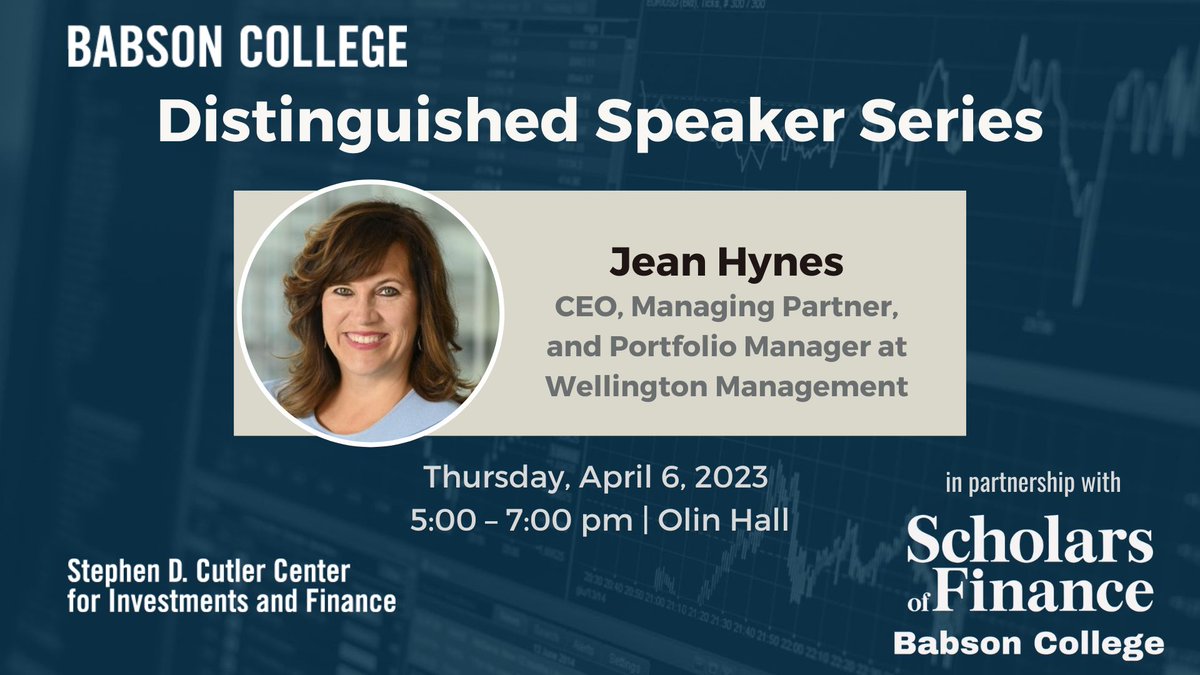 In partnership with the Babson Scholars of Finance,  join us as we welcome Jean Hynes of <a href="/Wellington_Mgmt/">Wellington Management</a>  for our distinguished speaker series. This fireside chat will be followed by a networking reception. 
cvent.me/mPRy8A