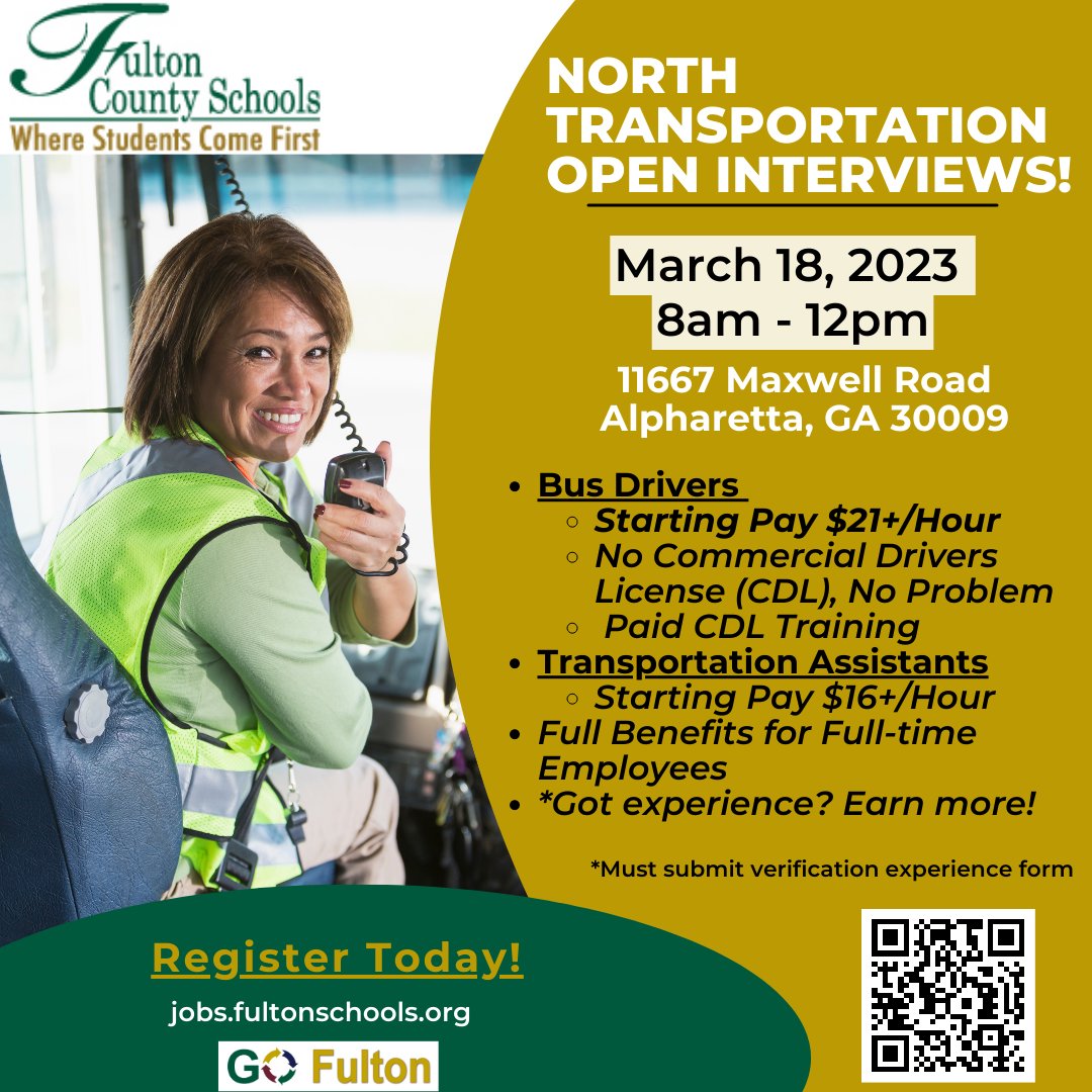 GO_Fulton's tweet image. 🚌Got Drive? It&apos;s not too late to register! FCS Transportation is #Hiring! Join us! Register Today! #BusDrivers
North Locations: ow.ly/M9Y650NheaC
South Locations: ow.ly/Ywct50NheaI