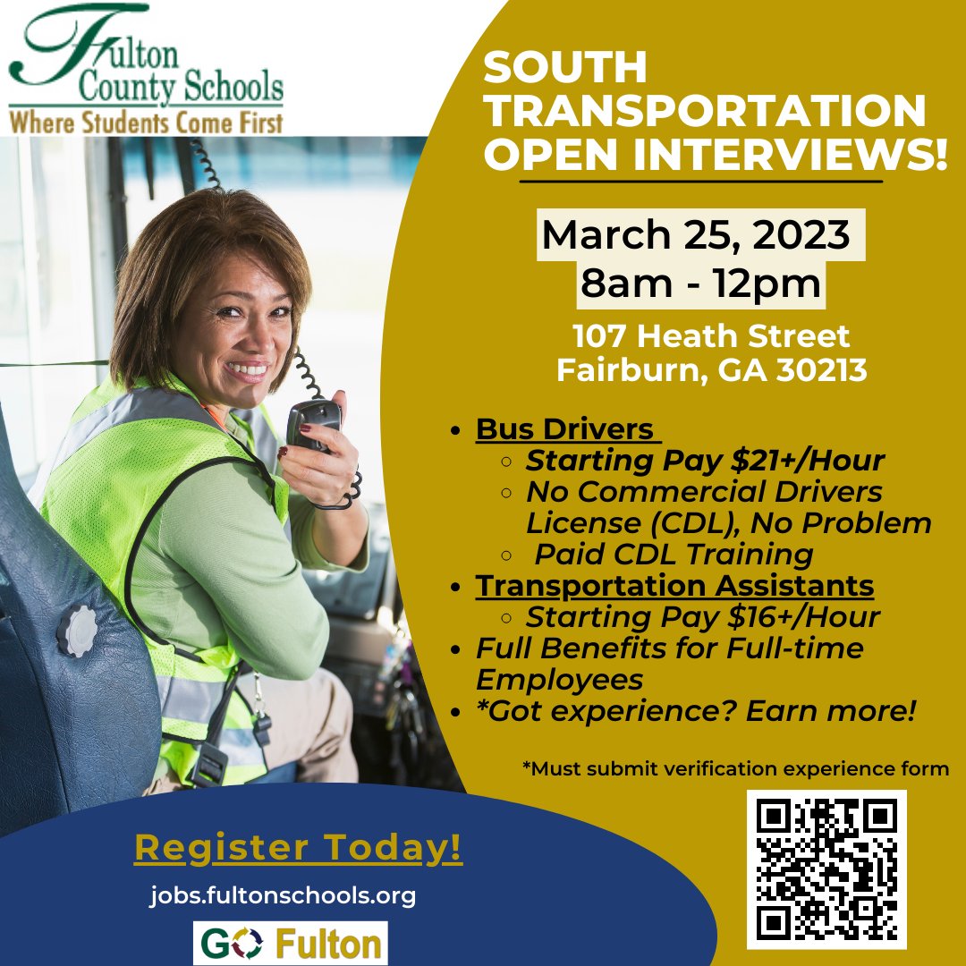 GO_Fulton's tweet image. 🚌Got Drive? It&apos;s not too late to register! FCS Transportation is #Hiring! Join us! Register Today! #BusDrivers
North Locations: ow.ly/M9Y650NheaC
South Locations: ow.ly/Ywct50NheaI