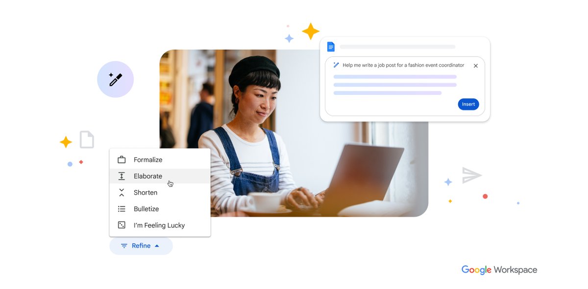 Introducing a new era for AI and #GoogleWorkspace:
✅ Draft, reply, summarize &amp; prioritize your Gmail
✅ Brainstorm, proofread, write, &amp; rewrite in Docs 
✅ Bring your creative vision to life with auto-generated images, audio, &amp; video in Slides
And more → goo.gle/420wqyH