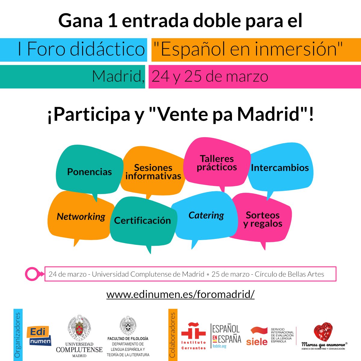 🚨 ¡Atención!
👉Participa en este sorteo y podrás ganar una inscripción doble para asistir a nuestro I Foro “Español en inmersión”. Para ello:
✅Sigue a <a href="/Edinumen/">Editorial Edinumen</a> y haz RT en esta publicación.
📢 Anunciaremos el ganador el día 18/3 en nuestras redes sociales. #twitterele