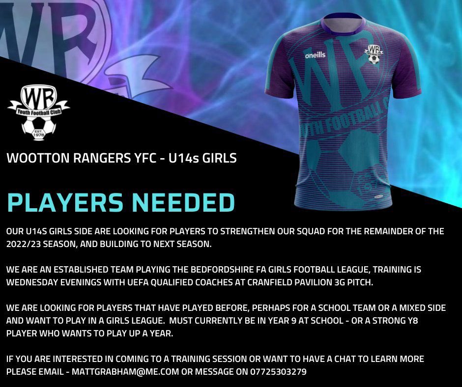 BlueWootton's tweet image. Players Wanted for our U14s Girls team. 

An exciting opportunity to join a club with great facilities, qualified coaches and a unique pathway into women’s football. 

Contact us for more info 🔵✖️

@BedsFA @BHWGFL @ERWFLe @WF_East @SheCanPlayUK @FemFBallFinder @girls_trials