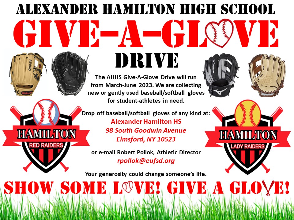 Alexander Hamilton HS is once again running our annual #GloveDrive during the months of March, April, May &amp; June of 2023! If you have any old gloves sitting around collecting dust, please consider donating to the Hamilton Athletic Department! #GiveAGlove #ChangeALife <a href="/MLB/">MLB</a>
