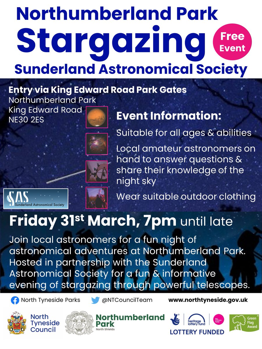 NlandPark's tweet image. Looking for something stellar to do this month? Join us on Friday, 31st March for our stargazing night with @sunderlandastro 🌠 No need to book, just come along! Please note that for visitor safety, Tynemouth Road gates will be CLOSED from 5pm-10pm on the night.
@NTCouncilTeam