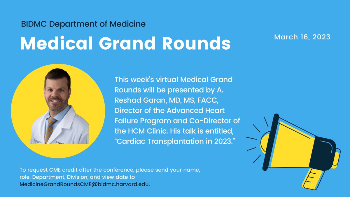 BIDMC Department of Medicine (@bidmc_medicine) on Twitter photo Thursday's Grand Rounds will be presented by A. Reshad Garan, MD, MS, FACC, Director of the Advanced Heart Failure Program, Co-Director of the HCM Clinic, & Associate Professor of Medicine at <a href="/harvardmed/">Harvard Medical School</a>. His talk is, “Cardiac Transplantation in 2023.” Join us!
📅March 16
🕗8am Thursday's Grand Rounds will be presented by A. Reshad Garan, MD, MS, FACC, Director of the Advanced Heart Failure Program, Co-Director of the HCM Clinic, & Associate Professor of Medicine at <a href="/harvardmed/">Harvard Medical School</a>. His talk is, “Cardiac Transplantation in 2023.” Join us!
📅March 16
🕗8am