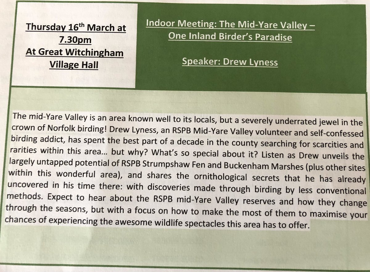 <a href="/wvbs1/">WVBS</a> welcomes Drew Lyness this Thursday 7.30pm. Do join us &amp; hear Drew’s presentation on the Yare Valley, &amp; enjoy Hot Cross Buns &amp; Coffee whilst chatting to fellow birders in the interval. Non members £3 donation appreciated. Details: wvbs.co.uk