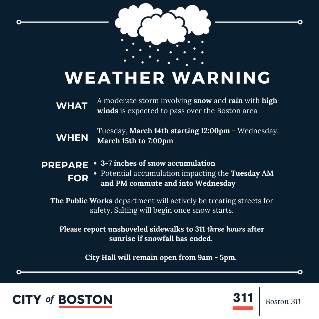 Heads up, Boston - we're expecting some winter weather today and tomorrow. See below for details, and as always, call 3-1-1 with any questions.