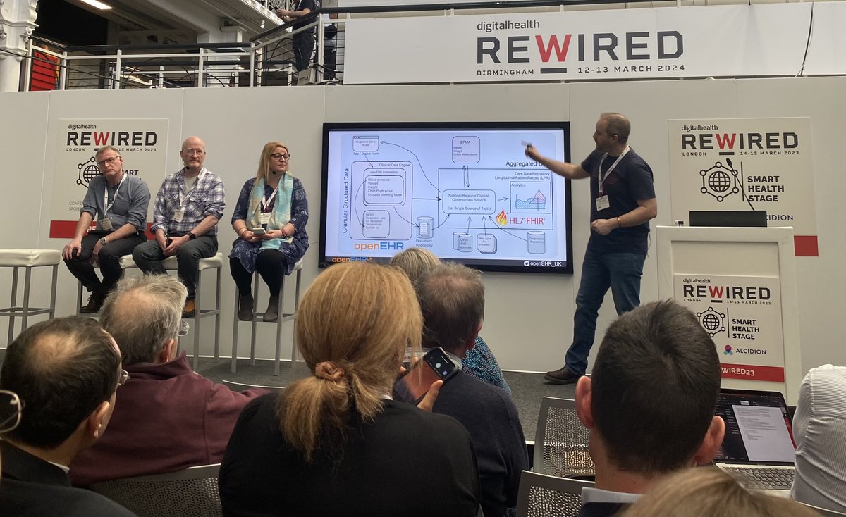 Another engaging discussion with @JohnMeredith @ukpenguin and @amcunningham  on openEHR and standardising  separate data layers. And no code is needed, release control from vendors and potential roles for clinician informaticians! Inspiring Welsh model @DHCWales #Rewired23