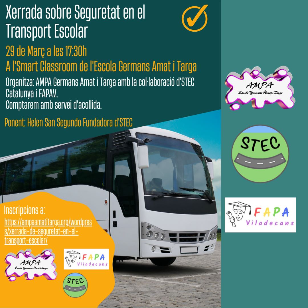 Ens fa especial il·lusió convidar-vos a la Xerrada de Seguretat en el Transport Escolar el 29 de març a les 17.30 en la Smarclassroom i comptarem amb Helen de <a href="/STECatalunya/">Seguridad Transporte Escolar Catalunya (STEC)</a> i amb la col·laboració de <a href="/FapaViladecans/">FAPA VILADECANS</a>. Un pas més en la seguretat de les nostres filles i fills