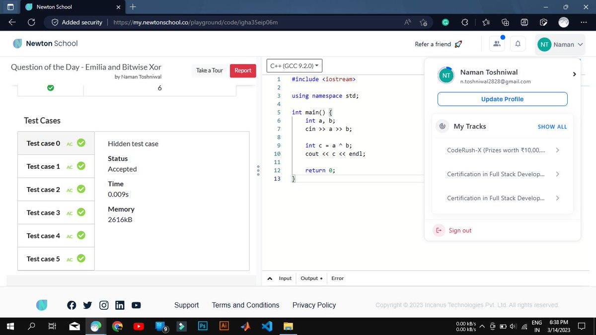 Toshniwal2828's tweet photo. Today I have solved Emilia and Bitwise Xor using #C++ #Day58 of #100Daysofcode 
@everydaycoders @_100DaysOfCode
#community #coding #programming #competitiveprogramming #codingchallenge #dsa #bubbleupcommunity #codedu https://t.co/4vyMKhVFzo
