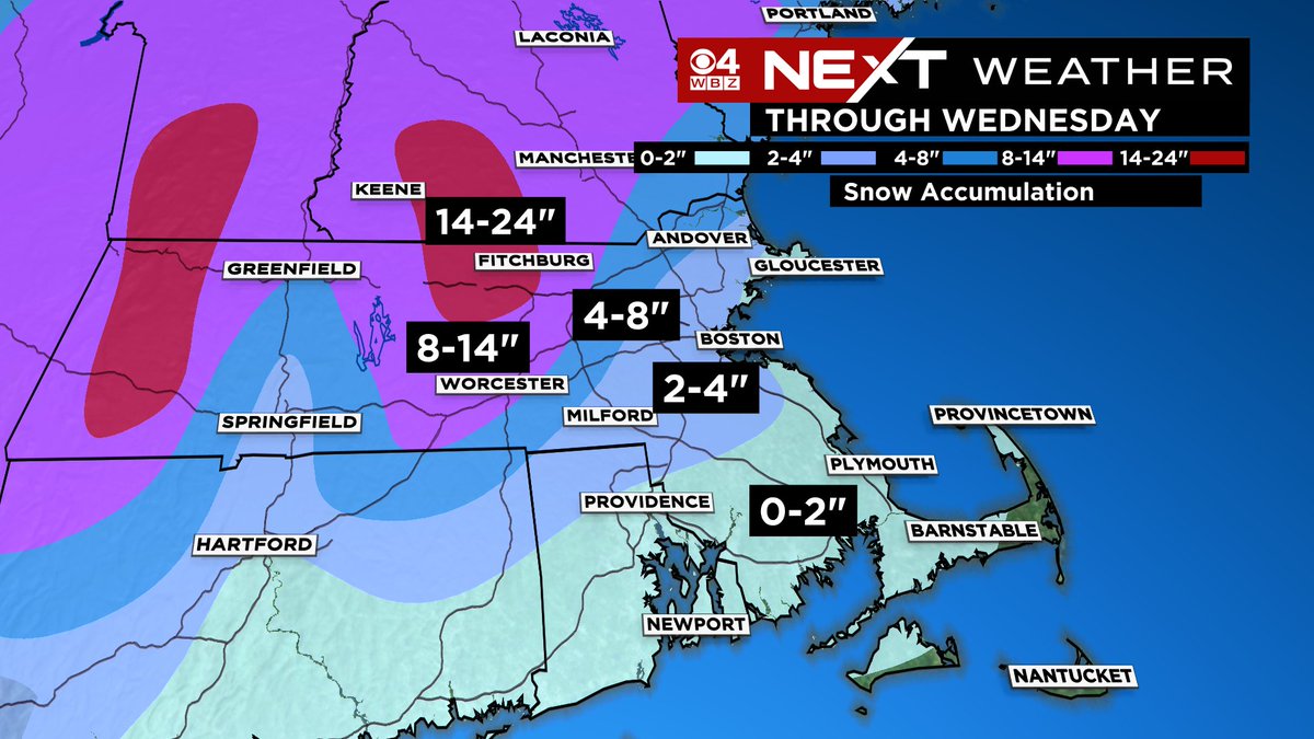 sarahwroblewski's tweet photo. #SNOWMAP Highest totals north and west across the higher elevations. Biggest storm of the season! As snow piles up... it only takes 4-6" of heavy wet snow on branches &amp; powerlines to create problems. The combo of snow &amp; strong winds will lead to more power outages today. #WBZ https://t.co/BZR3uTGW9Z