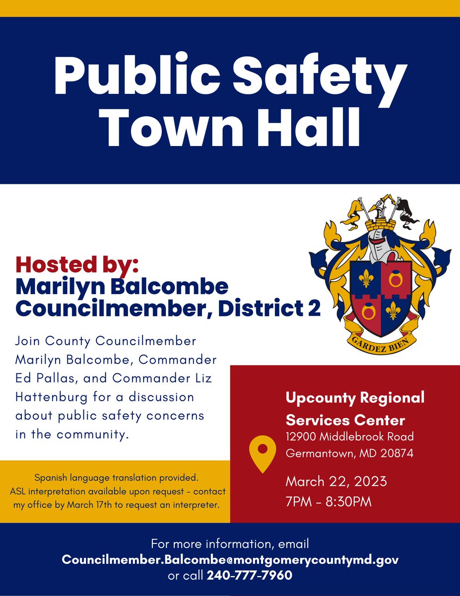 MarilynBalcombe's tweet photo. I have heard from many constituents who are concerned about public safety in our community. That is why I am hosting a Public Safety Town Hall on Wednesday, March 22 at 7PM at the Upcounty Regional Services Center. I will be joined by representatives from the MCPD. See you then! https://t.co/RoKqc4CPh4