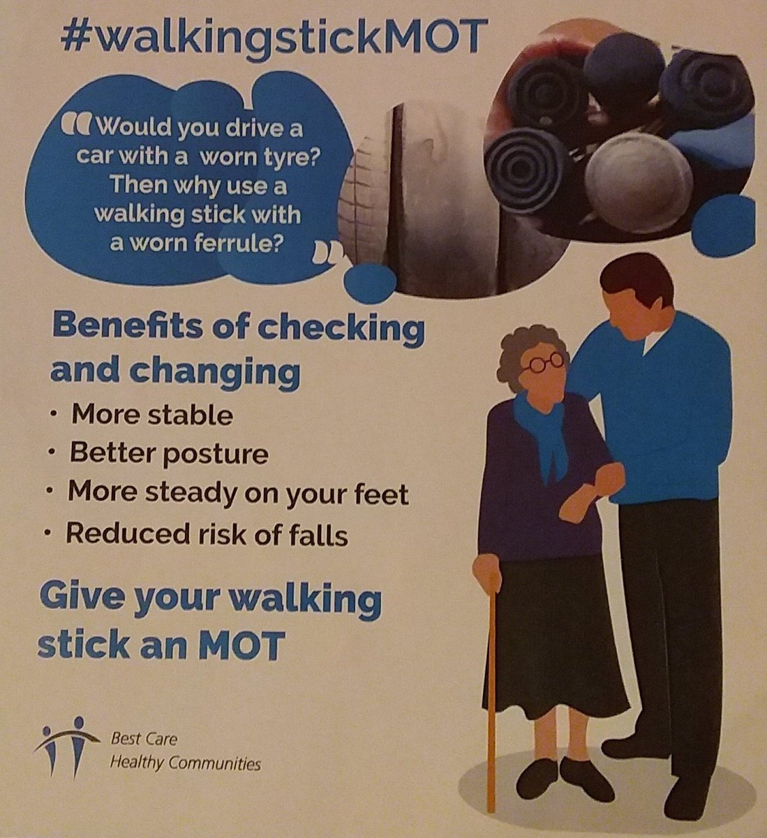 Walking Stick MOT 
Encourage colleagues to think about those they know - patients, friends or family - who use a walking stick and encourage them to check the bottom of it, as a worn ferrule can cause a fall
#walkingstickMOT  
#fallsprevention #patientsafety
