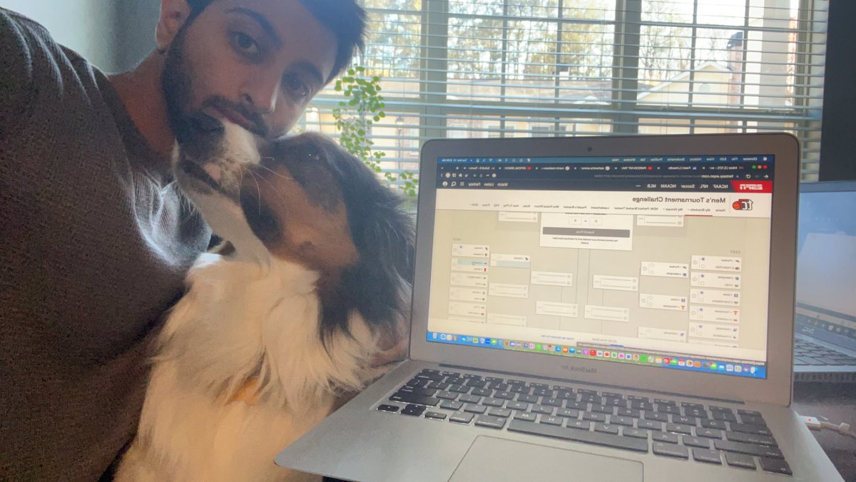sohanp9's tweet photo. Getting Koda’s help to fill out the first perfect bracket. First four today! @PardonMyTake @PupPeroni https://t.co/FK7Du0SLLW