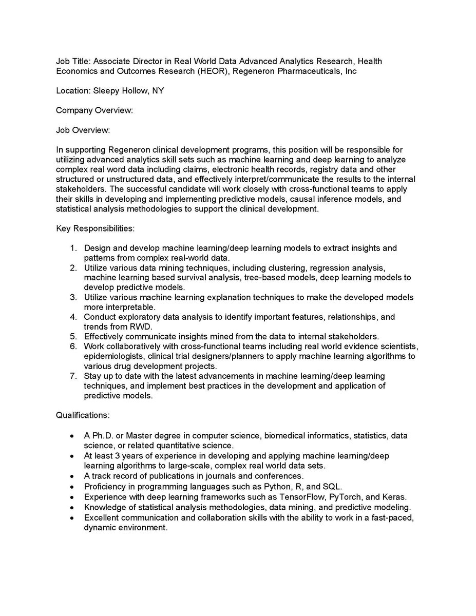 Yale Center for Biomedical Data Science (CBDS) (@yaledata) on Twitter photo Regeneron Pharmaceuticals is seeking an Associate Director in Real World Data Advanced Analytics Research. Someone with strong background in applying machine learning & deep learning methods to real world patient data. Interested candidates may contact meying.li1@regeneron.com Regeneron Pharmaceuticals is seeking an Associate Director in Real World Data Advanced Analytics Research. Someone with strong background in applying machine learning & deep learning methods to real world patient data. Interested candidates may contact meying.li1@regeneron.com