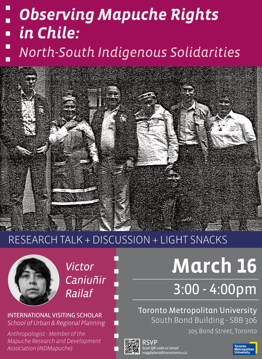 Thursday's research talk with visiting Scholar and Mapuche Anthropologist Victor Caniunir Railaf will highlight Canada-Chile Indigenous solidarities during the Chilean dictatorship (1973-1989). 
📅16th March
⏰3:00-4:00 PM
📍SBB 306, 105 Bond Street, Toronto
🎟️ Free public event