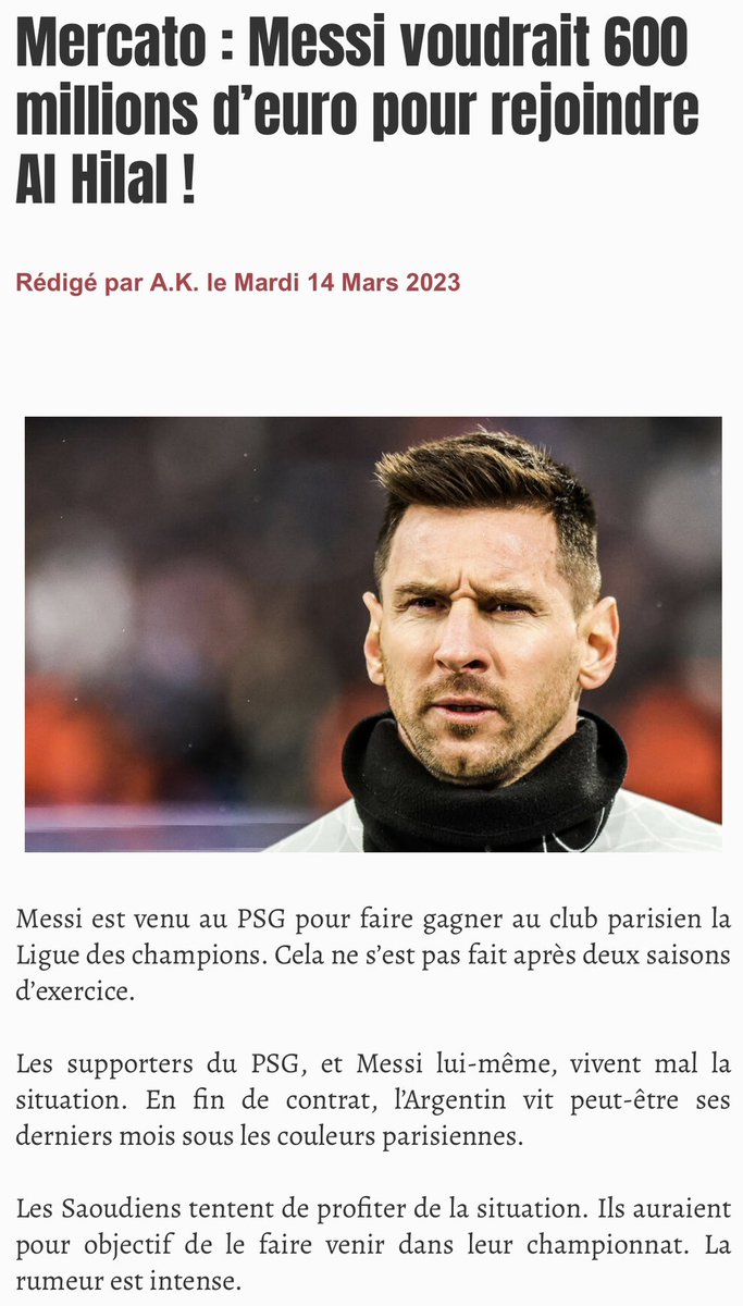 الآن..

الصحف الأوروبية تتحدث عن احتمال كبير لانتقال ميسي إلى نادي الهلال السعودي، شرط ميسي الوحيد هو 200 مليون يورو لكل موسم وثم سيصبح من لاعبي الهلال حسب الخبر.