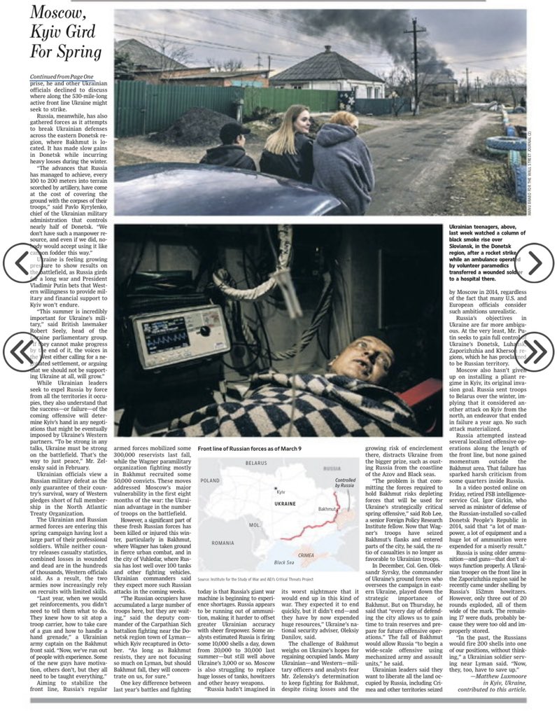 My big take on Ukraine’s spring offensive chances, the mounting casualties on both sides, and prospects for the conflict, based on interviews with leaders in Kyiv and soldiers in the trenches, on page one of @WSJ today. on.wsj.com/3LnCwmP