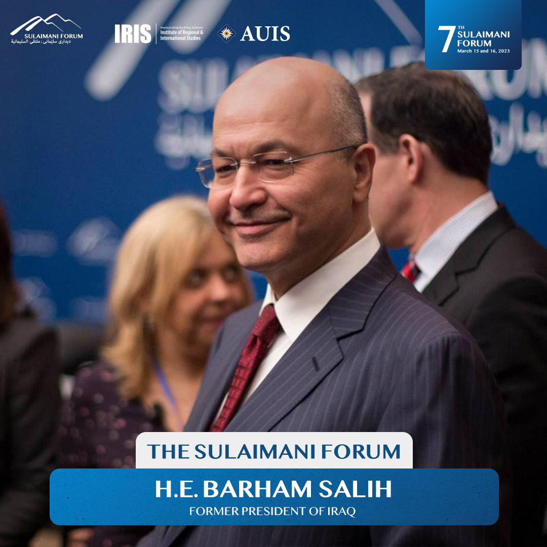 IRISmideast's tweet photo. H.E. @BarhamSalih  , former president of Iraq, will focus on 20 Years of Political Transformation in Iraq &amp; the KRI at the 7th Sulaimani Forum March 15-16. Follow the conversation. 

#SuliForum2023 https://t.co/bVGKBJuV1v