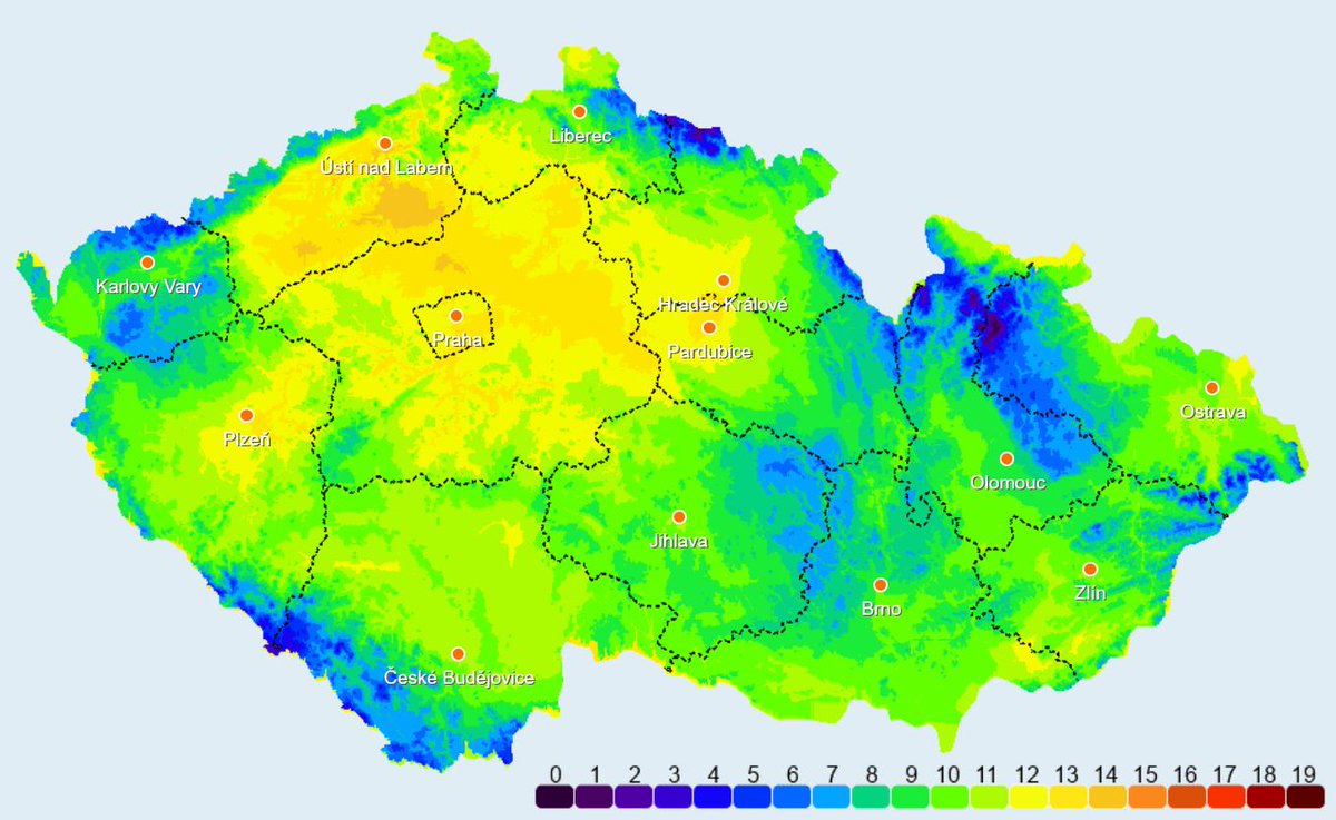 Teplotní mapa republiky ve 14.30 hod, nejnižší teplota 0 st, nejvyšší +14 st #počasí
