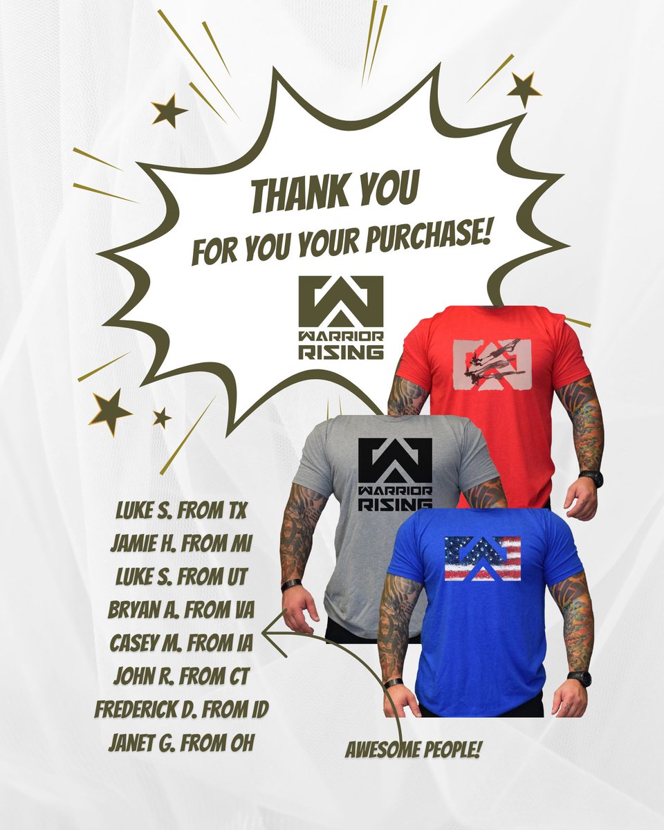warriorrising's tweet photo. These awesome people recently bought Warrior Rising #Merch! Thank you for supporting our #Veterans and Programs! Tag us in your pics!
Get your merch https://t.co/QaJUjX0orl link in bio
#warriorising #vetbiz #charity #entrepreneurs #wafflehouse #guinness #ai #defundchina #foryou https://t.co/L8Ih18qC4E