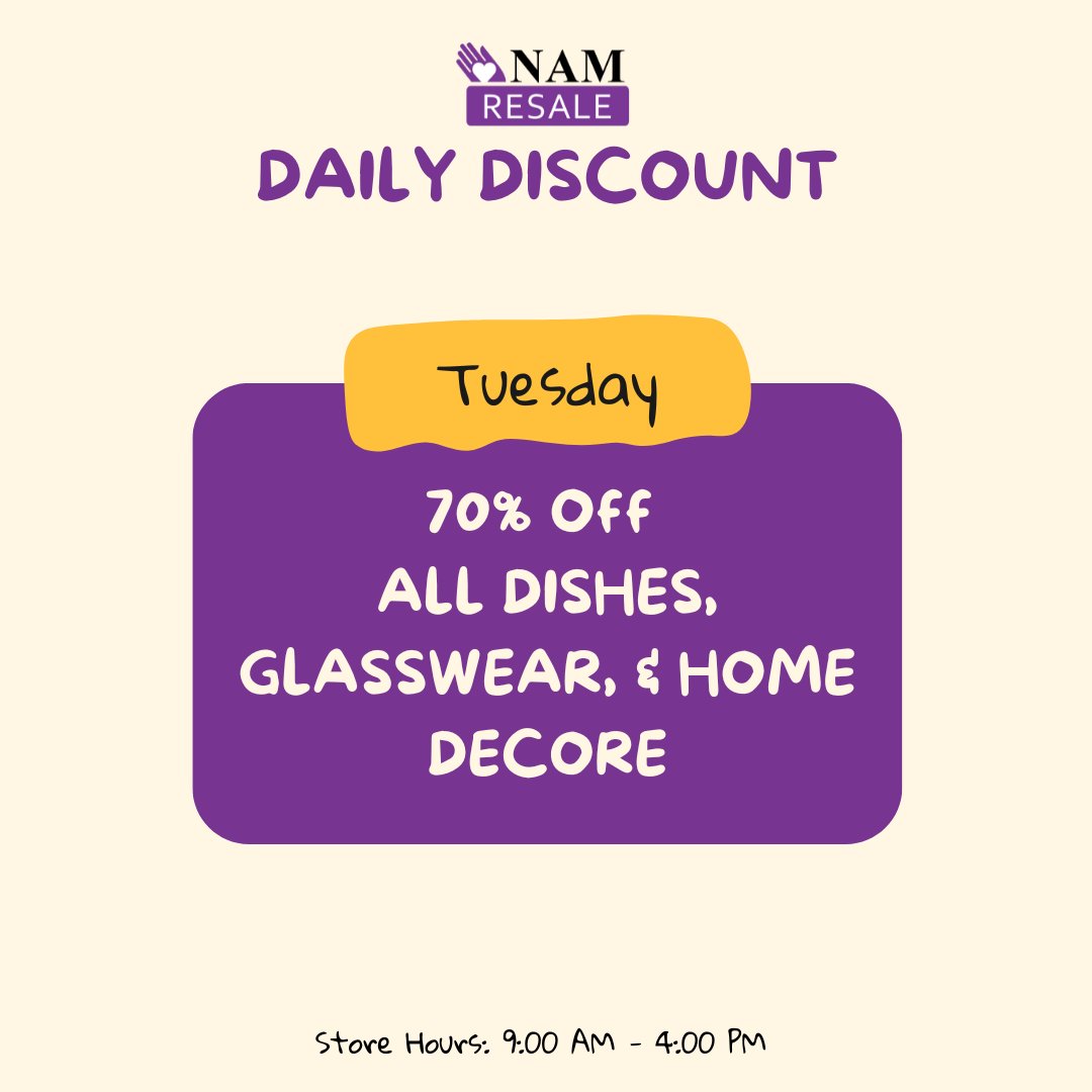 Drop by NAM's Resale Store today before 4:00pm to make sure you don't miss out on today's deal!

#resale #namresale #namhelps #discount #neighborshelpingneighbors #tuesday