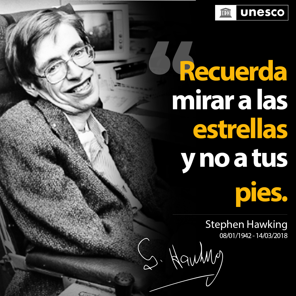 UNESCO_es's tweet photo. ¿Sabías que las estrellas siguen brillando después de su muerte?

También lo hará el legado de Stephen Hawking, que falleció #TalDíaComoHoy en 2018.

Lee más sobre una de las estrellas más brillantes de la ciencia en el #CorreoUNESCO.
https://t.co/sL6L4AvZaB #DíaDelasMatemáticas https://t.co/DvFmAdOLBD