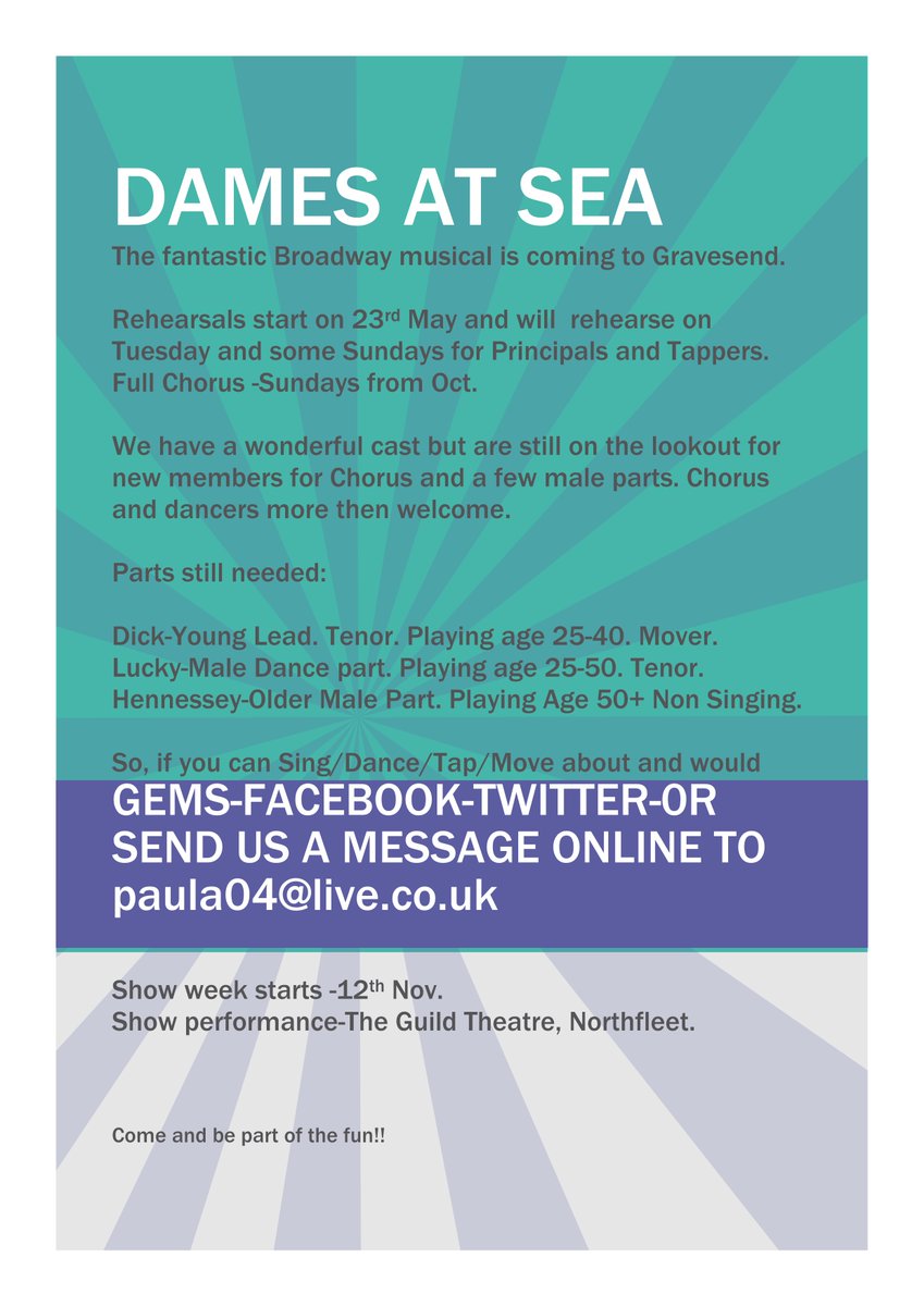GravesEntMscSoc's tweet photo. If you want to be a part of this great production, then please contact us for further details #GEMS #DamesAtSea #Gravesend #Dartford #musical #singing #dancing https://t.co/yumoIPh891