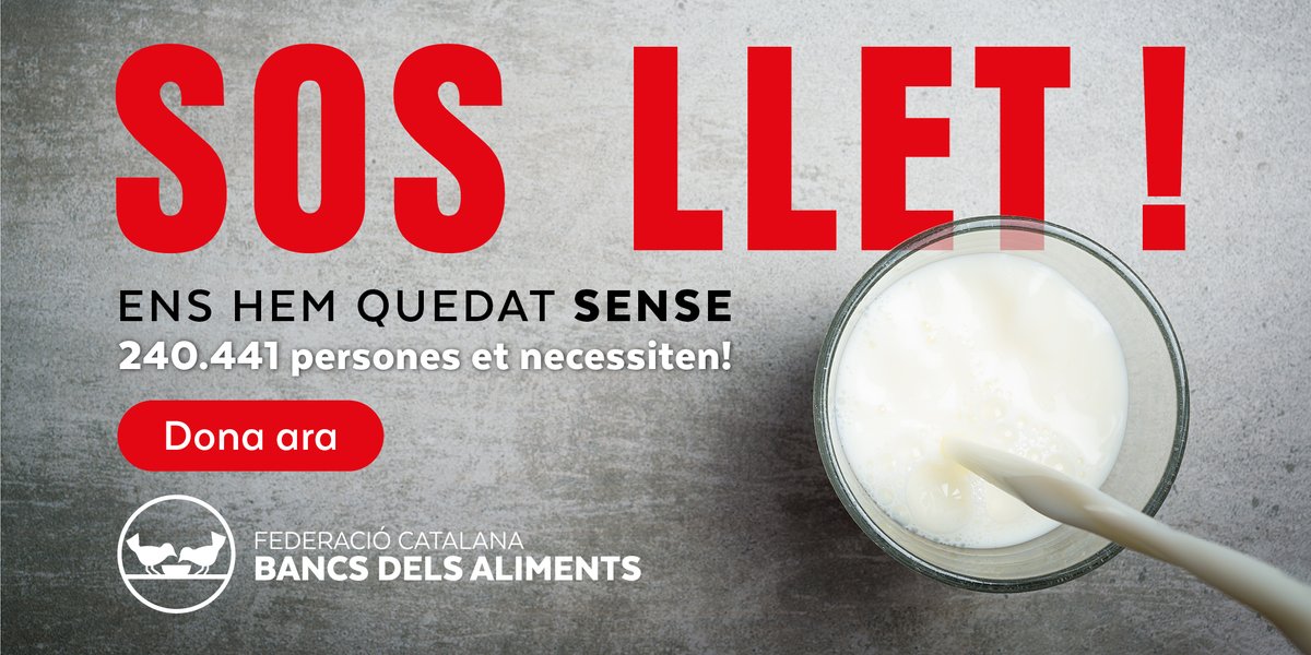 BancAlimentsBcn's tweet photo. SOS LLET! 240.441 persones et necessiten!

Des de la Federació Catalana de Bancs dels Aliments (FECATBAL) posem en marxa una campanya de captació de donacions econòmiques per a fer front a aquesta necessitat arreu del nostre territori.

Dona ara:
https://t.co/u3agCCayRt https://t.co/dQ99YjIZXs