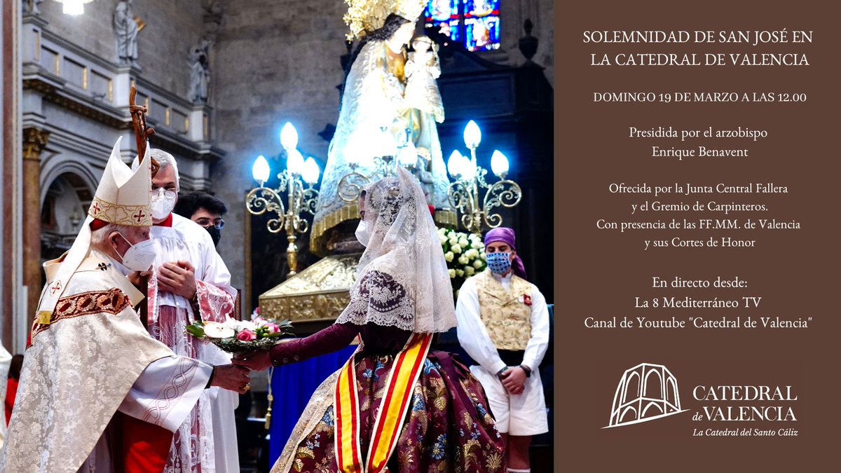 🙏 Este domingo, a las 12.00, Solemnidad de San José en la Catedral de Valencia. Preside el arzobispo Mons. Enrique Benavent.

👸 Organizada por la <a href="/JCF_Valencia/">Junta Central Fallera</a> y el Gremio de Carpinteros, con la presencia de las FFMM de Valencia y sus Cortes de Honor.