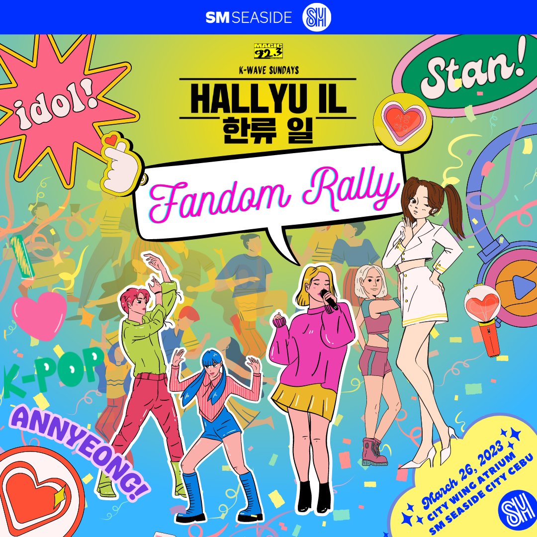 HALLYUIL's tweet photo. The SM Seaside Assembly : HALLYU IL Fandom Rally
is open to the public. Bring your lightstick!
Sun, March 26, 2023
City Wing Atrium of @SMSeasideCebu
Assembly for parade : 1:00 PM
#HALLYUILFandomRally #SMSeasideCityCebu #hallyu #kpop #HALLYUIL923 #FandomRally #SeasideAssembly https://t.co/l3Bz9vr6Bx