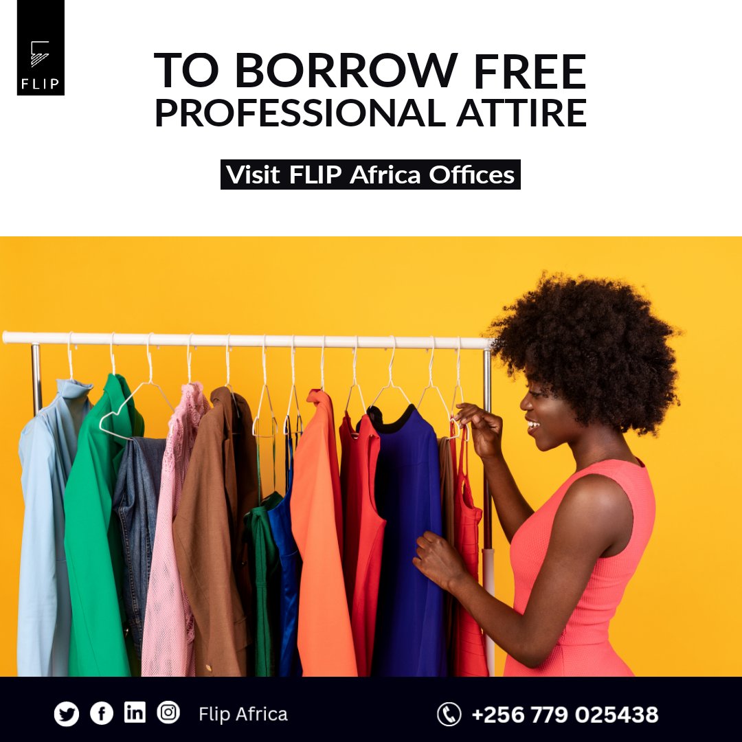 Flip_Africa's tweet photo. Struggling to afford professional attire for job interviews or your first month of work? Don't let that hold you back! Come to @Flip_Africa offices in Bukoto and borrow clothes and accessories for free. Look your best and land the job you want! #DressForSuccess #JobInterviews https://t.co/5Xoxoh4fHq