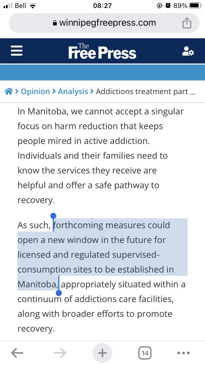 Big news: PCs signal change of heart on supervised consumption sites for MB in this <a href="/WinnipegNews/">Winnipeg Free Press</a> opinion piece from Minister of Mental Health and Community Wellness Janice Morley-Lecomte winnipegfreepress.com/opinion/analys…