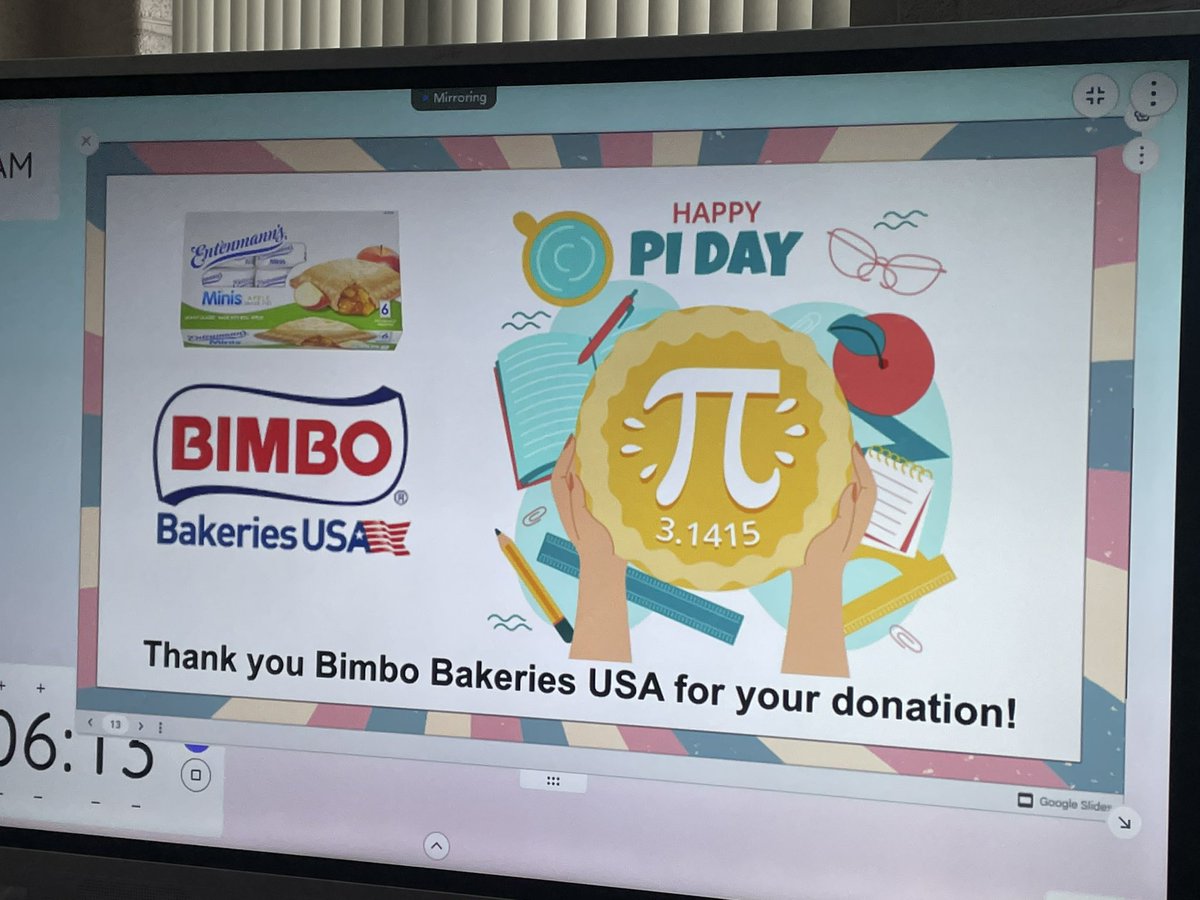 MrsRitterCMS's tweet photo. Happy Pi Day!!! Thank you to @BimboBakeriesUS for donating @Entenmanns mini pies! Our students enjoyed celebrating 3.14 today! @gillespiemath @cmstrojanpride https://t.co/61ePQPDyUR