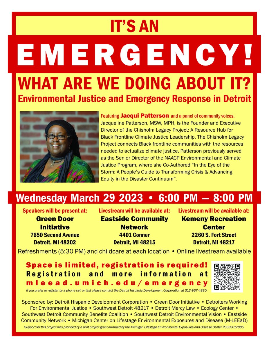 U-Mich Center on Environmental Exposures & Disease (@m_leead) on Twitter photo Tonight at 6pm, online or in person! Join us for a talk on #EnvironmentalJustice & Emergency Response in Detroit. Featuring Jacqui Patterson from <a href="/ChisholmLegacy/">The Chisholm Legacy Project</a> & a panel of community activists. register here- mleead.umich.edu/Event_Emergenc… #NIEHS_EHSCC Tonight at 6pm, online or in person! Join us for a talk on #EnvironmentalJustice & Emergency Response in Detroit. Featuring Jacqui Patterson from <a href="/ChisholmLegacy/">The Chisholm Legacy Project</a> & a panel of community activists. register here- mleead.umich.edu/Event_Emergenc… #NIEHS_EHSCC