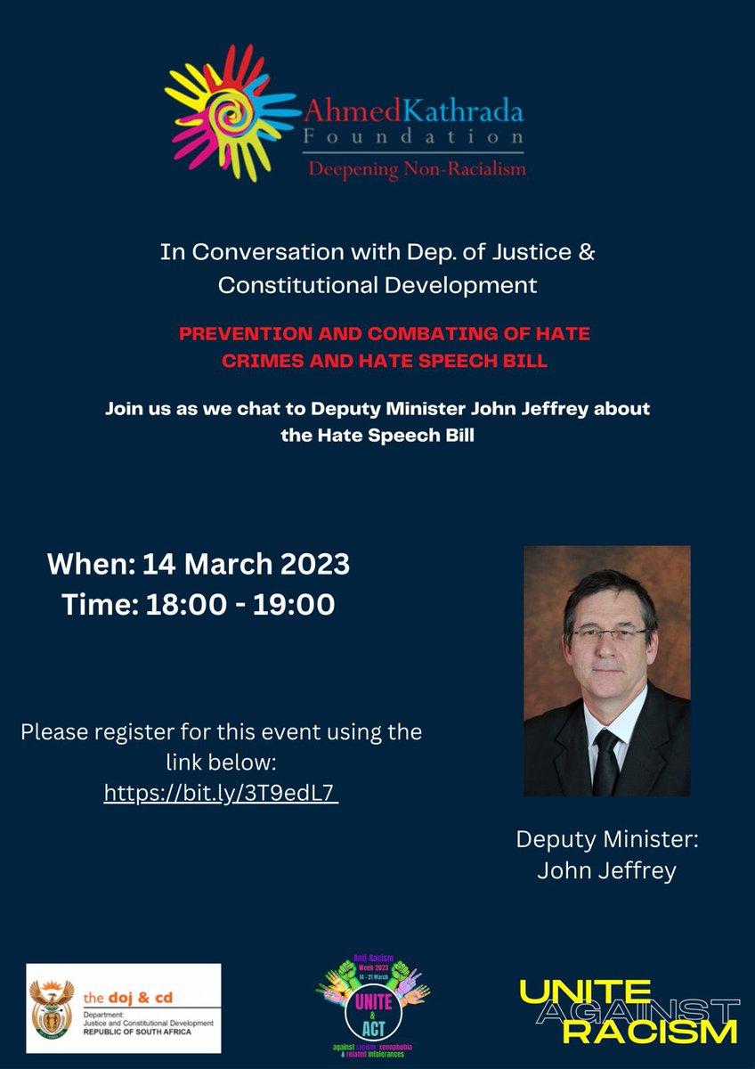 [INVITATION]
Join us today for a conversation 
with the <a href="/DOJCD_ZA/">The DoJ & CD</a> Deputy Minister John Jeffrey about prevention and combating of hate crimes and the  hate speech bill.

Event Details
Date : 14 March 2023
Time: 18:00 -19:00 pm
Zoom Link: bit.ly/3T9edL7
<a href="/KathradaFound/">Kathrada Foundation</a>