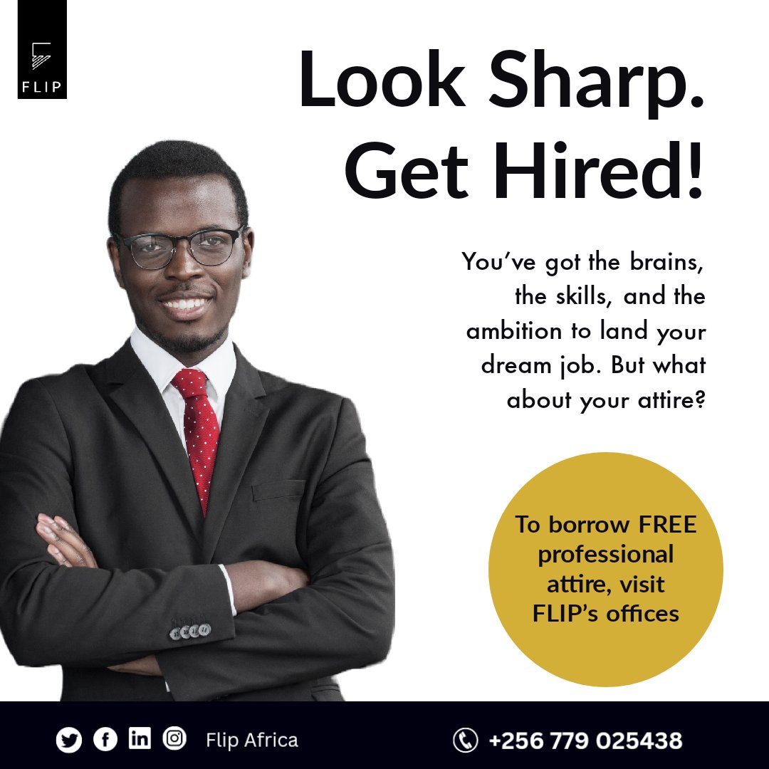 Flip_Africa's tweet photo. Struggling to afford professional attire for job interviews or your first month of work? Don't let that hold you back! Come to @Flip_Africa offices in Bukoto and borrow clothes and accessories for free. Look your best and land the job you want! #DressForSuccess #JobInterviews https://t.co/5Xoxoh4fHq