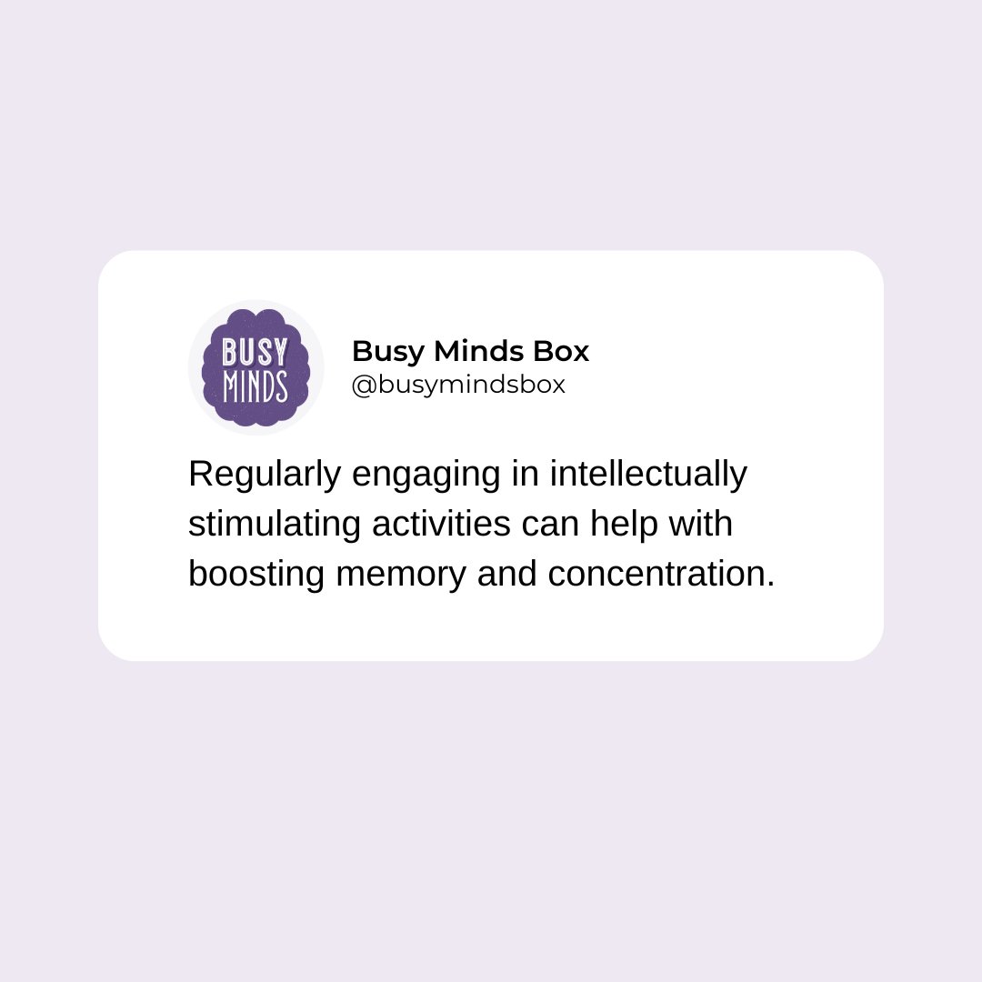 Challenging your brain on a regular basis may help to improve your memory! Exercise your mind and boost your knowledge with stimulating facts and conversations.

#busymindsbox #activitiesforseniors #recreationtherapy #cognitivedecline #brainhealth #dementia #activities