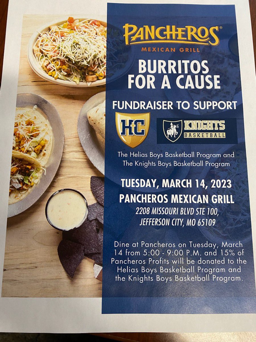 ralstontj's tweet photo. Taco Tuesday!  Head to Pancheros tonight and mention Helias or Knights Basketball.  Thank you in advance.  @HeliasBballHC @Knightsbball_JC https://t.co/q2lv24TrEg