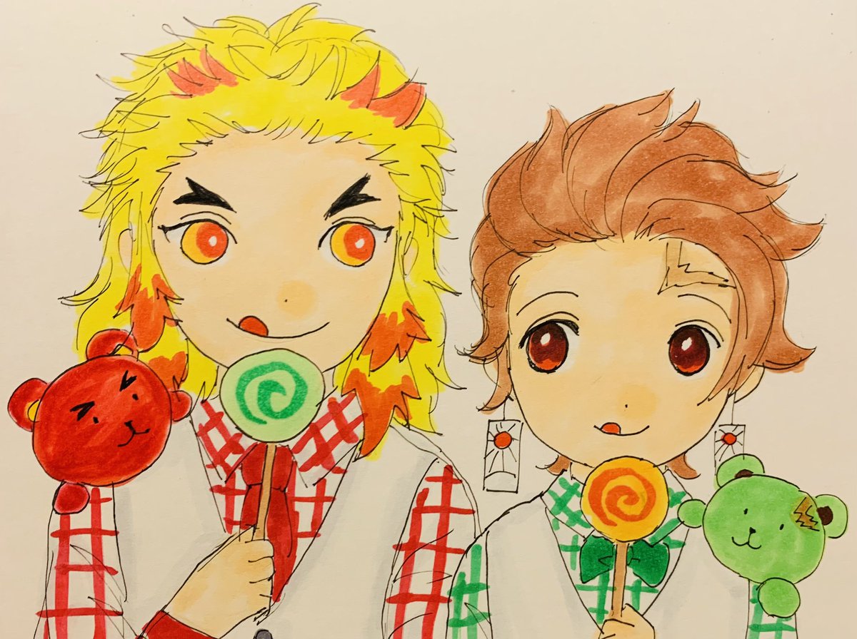 kamado tanjirou ,rengoku kyoujurou multiple boys blonde hair 2boys tongue out candy male focus lollipop  illustration images
