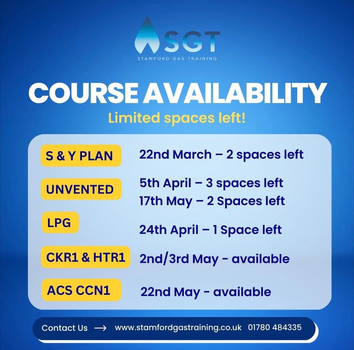 UPCOMING COURSE AVAILABILITY🚨

Last remaining places on our courses over the next few weeks! Don't miss out, contact us now to book your space.

💻 stamfordgastraining.co.uk⁠
📞 01780 484335⁠
📧 bookings@stamfordgastraining.co.uk

#gas #training #acsgas #gasplumbing #plumbing