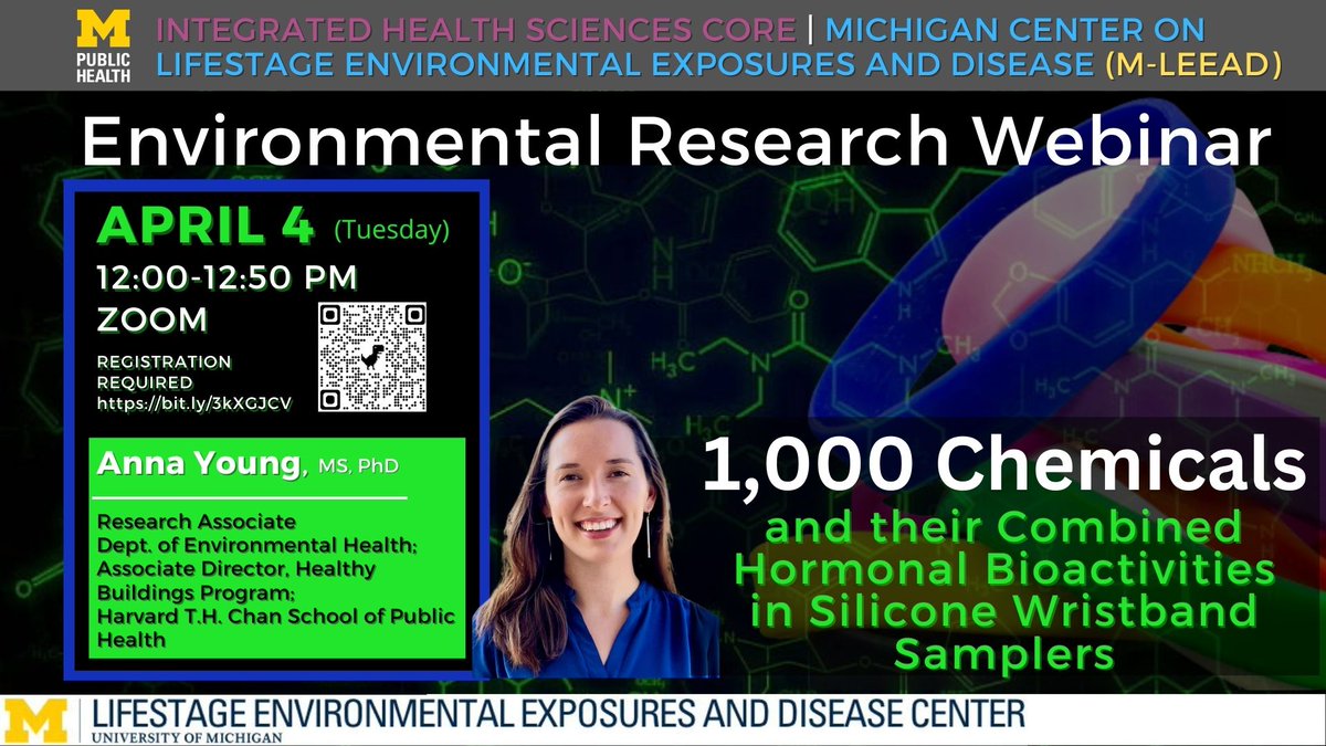 Mark your calendars- An exciting #environmentalresearch webinar is coming up w/ @anna_s_young
APRIL 4th at noon! "1,000 Chemicals and their Combined Hormonal Bioactivities in Silicone Wristband Samplers"  Zoom registration required bit.ly/3kXGJCV #NIEHS_EHSCC